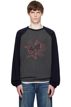 Gray & Navy Printed Raglan Knit Pullover Sweater