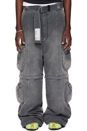 Gray Wadded Denim Cargo Pants
