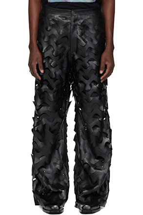 Black Laser Cut Wide-Leg Faux-Leather Pants