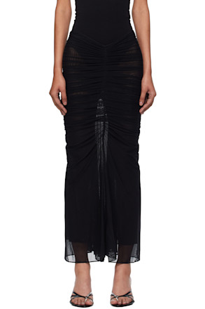 Black Ruched Mesh Midi Skirt