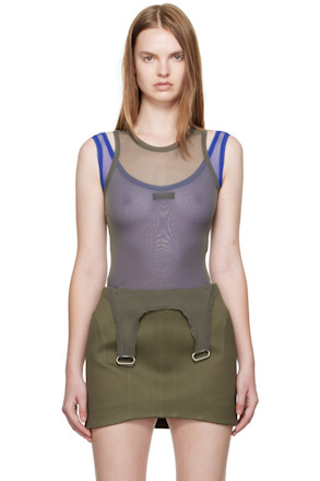 Khaki & Blue Mesh Love Tank Bodysuit