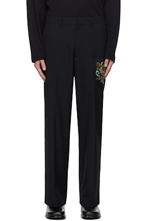 Black Embroidered Patch Trousers