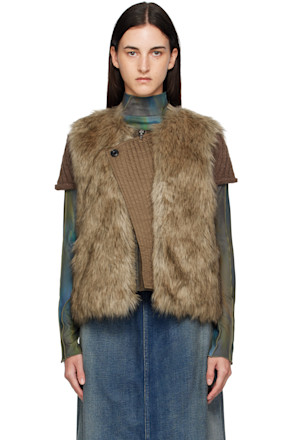 Brown Curved Placket Reversible Faux-Fur Vest