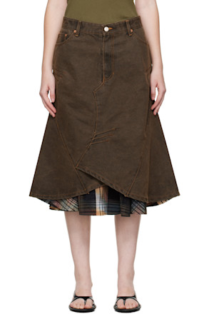 Brown Custom Flare Layered Denim Midi Skirt