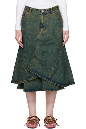 Blue Custom Flare Layered Denim Midi Skirt