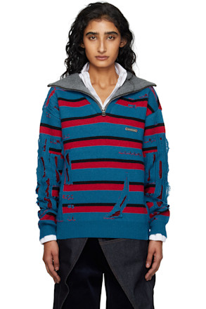 Blue & Red Stripe Jacquard Half Zip-Up Sweater