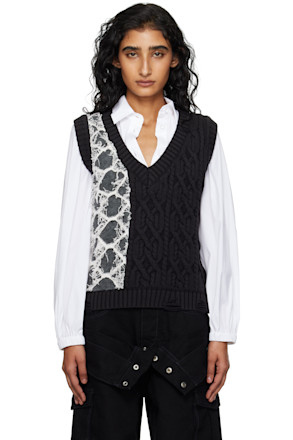 Black & Gray Boucle Cable Patchwork Knit Vest