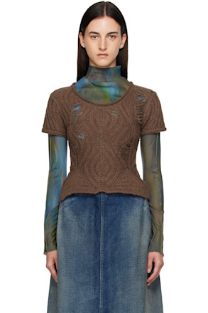 Brown & Green Cap Sleeve Sweater Layered T-shirt