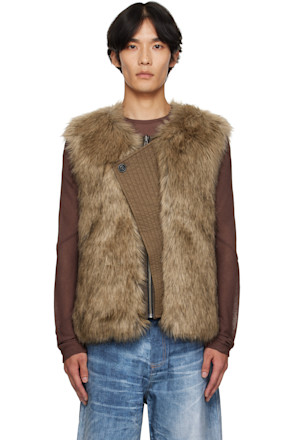 Brown Curved Placket Reversible Faux-Leather & Faux-Fur Vest