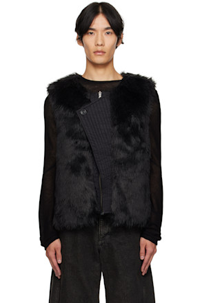Black Curved Placket Reversible Faux-Fur Vest