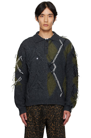 Gray & Green Argyle Fisherman Polo Sweater