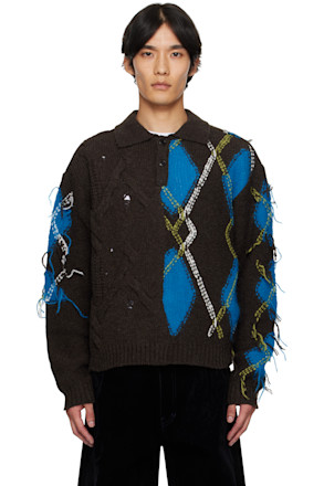 Brown & Blue Argyle Fisherman Polo Sweater