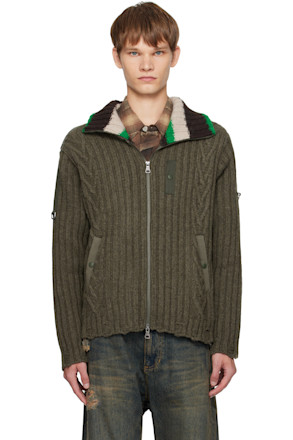 Khaki Stripe High-Neck Zip-Up Sweater