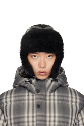 Black & Off-White Check Wool Trapper Hat