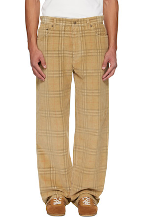 Beige Check Corduroy Trousers