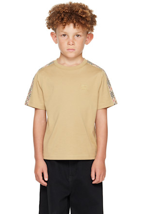 Kids Beige Check Trim Cotton T-shirt
