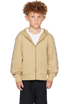 Kids Beige Check Trim Cotton Zip Hoodie