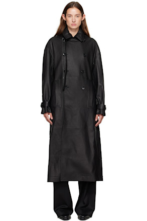 Black Ansa Double-Breasted Leather Trench Coat