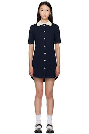 Navy Solid Double Face Knit Polo Minidress