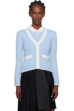 Blue Jersey Stitch Cashmere V-Neck Cardigan