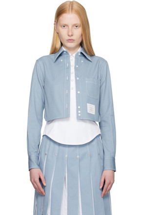 Blue Classic Cropped Long Sleeve Denim Shirt