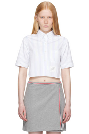 White Pinstripe Poplin Cropped Short Sleeve Shirt