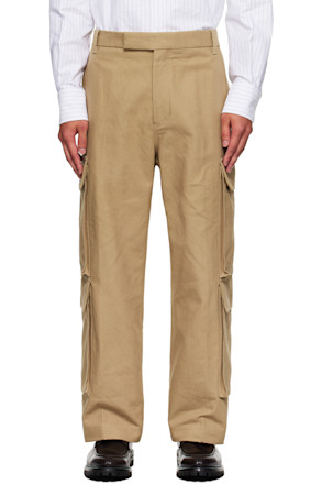 Beige Washed Cotton Utility Chino Cargo Pants