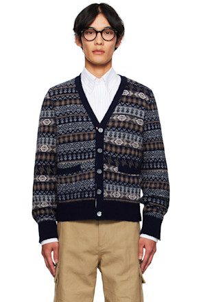 Navy Funmix Fair Aile Jacquard V-Neck Cardigan