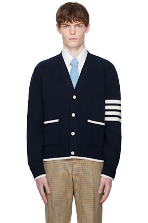 Navy Milano Stitch Merino Wool 4-Bar V-Neck Cardigan