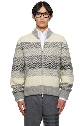 Gray & Off-White Striped Herringbone Zip-Up Sweater