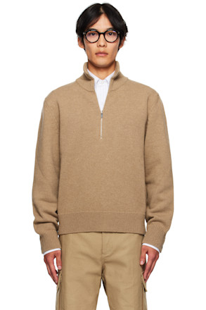 Beige Geese Intarsia Merino Wool Mock Neck Sweater