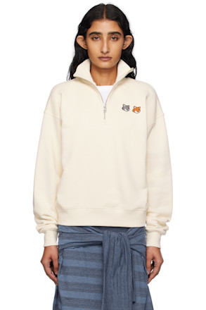 Beige Double Bold Fox Head Half Zip Comfort Sweatshirt