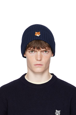 Navy Natural Fox Head Beanie