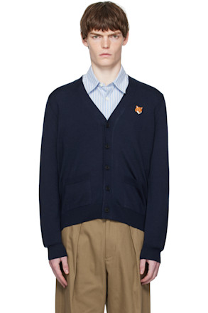 Navy Bold Fox Head Patch Cardigan
