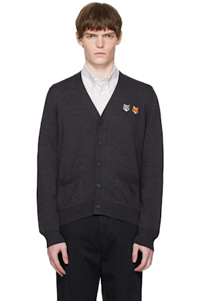 Gray Double Bold Fox Head Patch Regular Cardigan