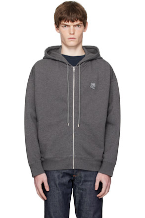Gray Bold Fox Head Patch Fullzip Oversize Hoodie