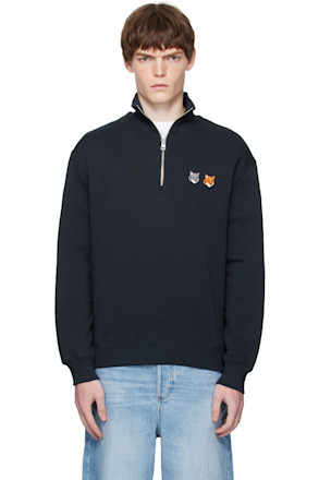 Navy Double Bold Fox Head Half Zip Comfort Sweatshirt