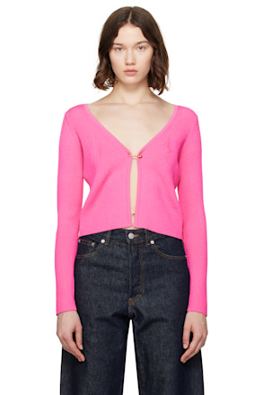 Pink Safety Pin Ribbed Knit Fitted Cardigan