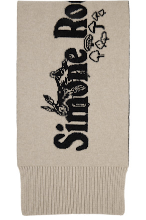 Black & Beige Long Graphic Logo Knit Scarf