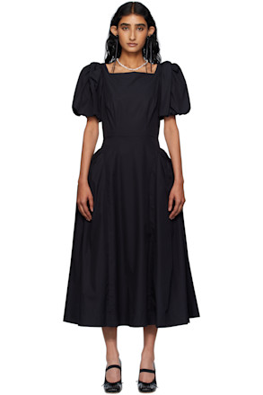 Black Bow Puff Sleeve Hip Midi Dress
