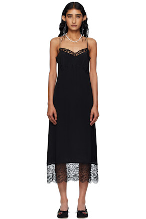 Black Deep Lace Trim Slip Midi Dress