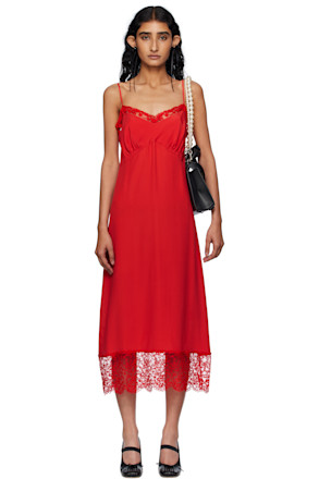 Red Deep Lace Trim Slip Midi Dress