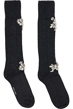 Gray Embellished Rose Knee Socks