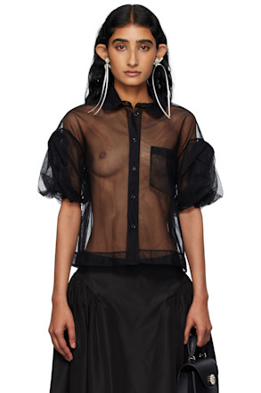 Black Sheer Cropped Bow Puff Sleeve Shirt