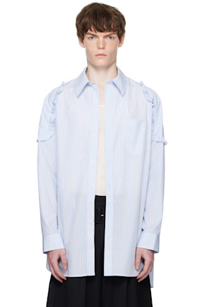 White & Blue Ruffle Shoulder Patch Tunic Shirt