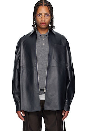 Navy Zipped Leather Jacket