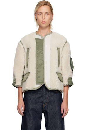 Beige & Khaki Faux-Shearling & Nylon Twill Jacket