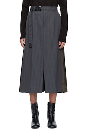 Gray & Khaki Stripe Doeskin Midi Skirt