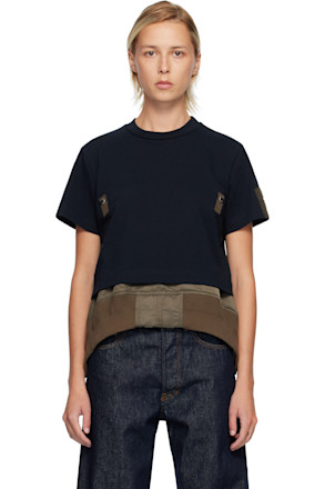 Navy Cotton Jersey & Nylon Twill T-shirt