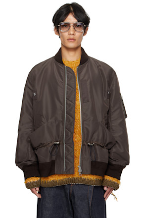 Brown Nylon Twill Blouson Bomber Jacket